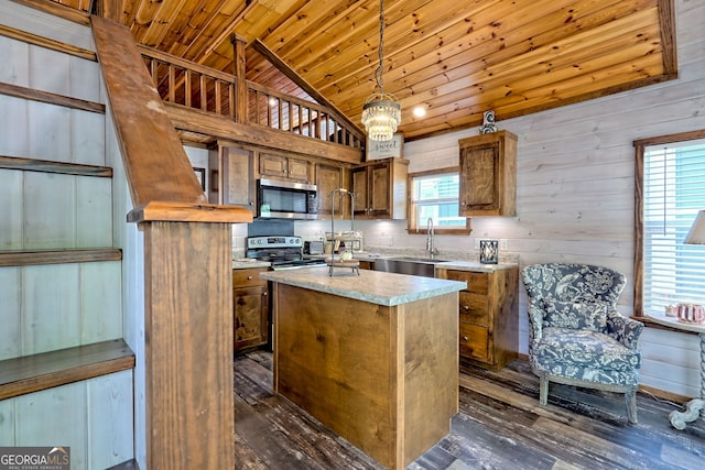 4960 Laurel Ldg, Clarkesville, GA 30523 - kitchen with appliances with stainless steel finishes, wood ceiling, a sink, lofted ceiling, and light countertops