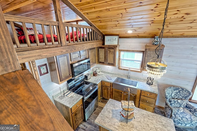 4960 Laurel Ldg, Clarkesville, GA 30523 - kitchen featuring stainless steel appliances, wooden ceiling, a sink, brown cabinetry, and dark wood-type flooring