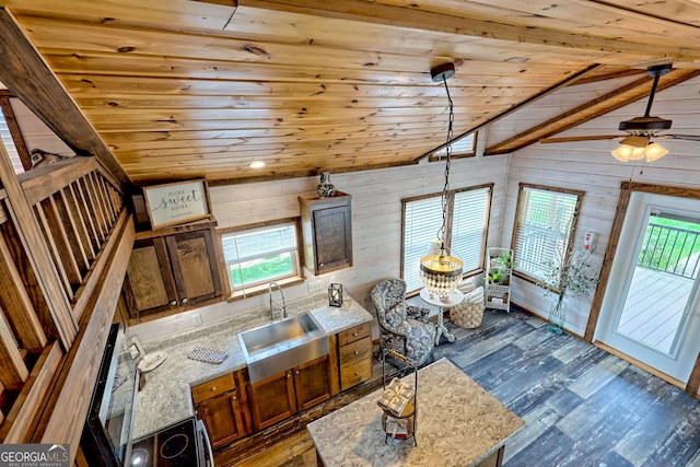 4960 Laurel Ldg, Clarkesville, GA 30523 - kitchen featuring wooden ceiling, dark wood-style flooring, a sink, wooden walls, and lofted ceiling