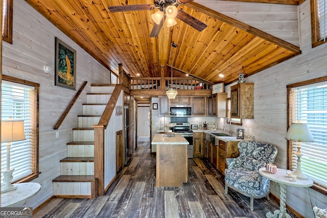 4960 Laurel Ldg, Clarkesville, GA 30523 - kitchen with appliances with stainless steel finishes, a sink, wood walls, dark wood-style flooring, and light countertops
