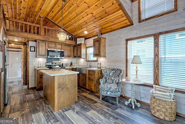 4960 Laurel Ldg, Clarkesville, GA 30523 - kitchen with stainless steel appliances, dark wood-style floors, light countertops, a center island, and vaulted ceiling
