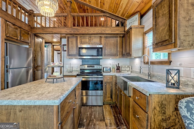 4960 Laurel Ldg, Clarkesville, GA 30523 - kitchen featuring stainless steel appliances, a sink, wooden ceiling, dark wood-style flooring, and vaulted ceiling