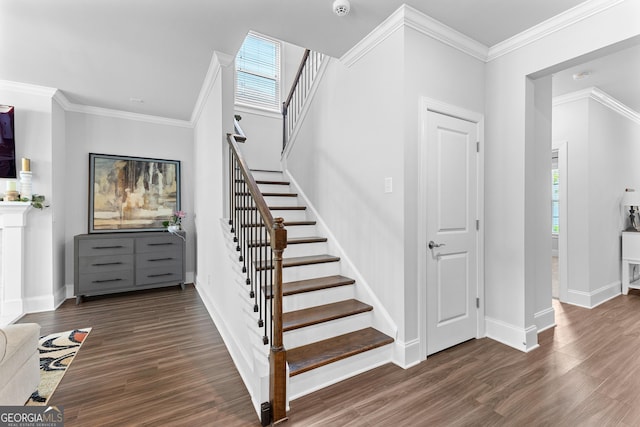 510 Cunninghame Ct, Peachtree City, GA 30269 - stairs featuring healthy amount of natural light, wood finished floors, baseboards, and ornamental molding