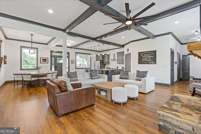 47 Wicklow Ct, Hoschton, GA 30548 - living area with hardwood / wood-style floors, ceiling fan, healthy amount of natural light, beam ceiling, and recessed lighting
