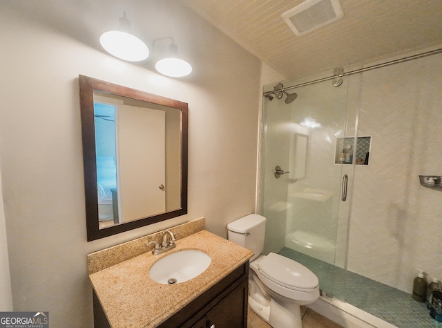 3905 Hunt Dr, Gainesville, GA 30507 - bathroom featuring vanity, a stall shower, and vaulted ceiling