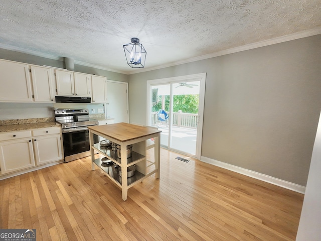 3905 Hunt Dr, Gainesville, GA 30507 - kitchen with electric stove, under cabinet range hood, ornamental molding, white cabinets, and a textured ceiling