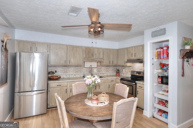 kitchen with appliances with stainless steel finishes, a sink, ceiling fan, light countertops, and light wood-type flooring