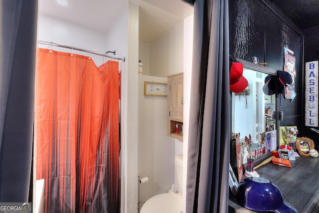 bathroom featuring a shower with shower curtain, toilet, and wood finished floors