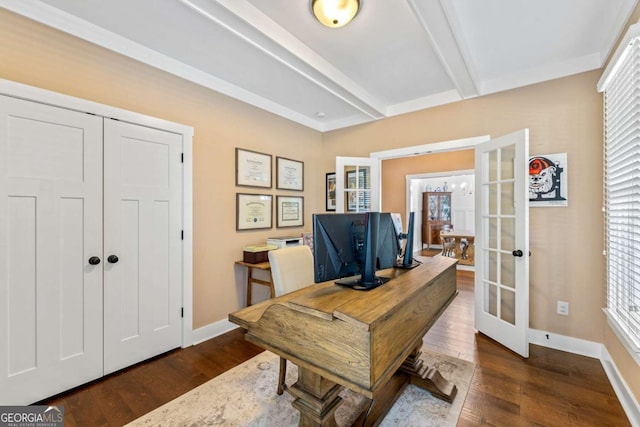 1050 Cobblestone Ln, Bogart, GA 30622 - office space with french doors, beamed ceiling, wood finished floors, and healthy amount of natural light