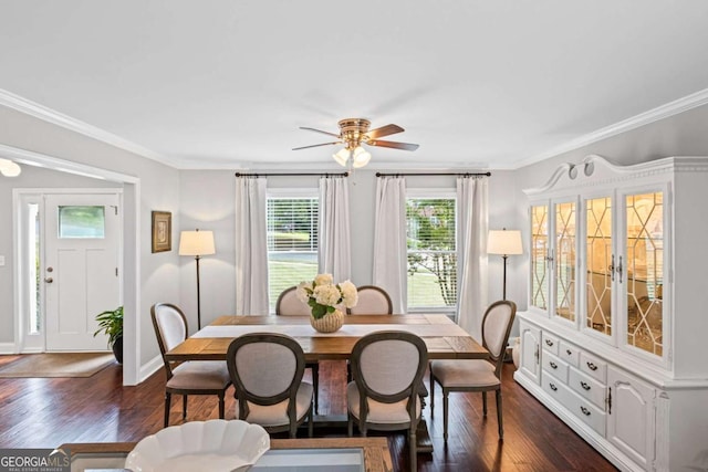 1811 Tilliewood Trl NE, Marietta, GA 30066 - dining room featuring dark wood-type flooring, ceiling fan, ornamental molding, and baseboards