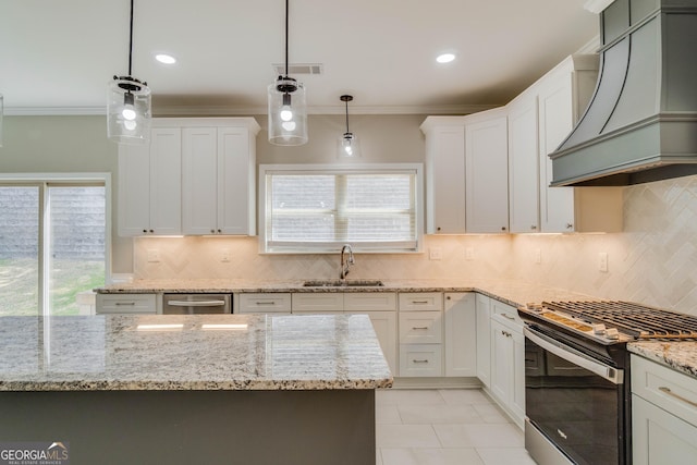 351 Chandler Bluff Ct, Grayson, GA 30017 - kitchen featuring stainless steel appliances, custom exhaust hood, a sink, ornamental molding, and tasteful backsplash