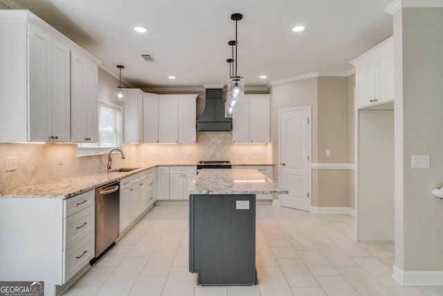 351 Chandler Bluff Ct, Grayson, GA 30017 - kitchen featuring premium range hood, a sink, stainless steel appliances, backsplash, and light stone countertops