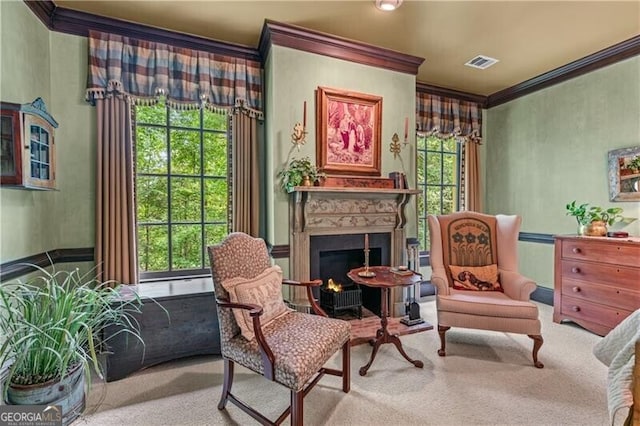 5945 W Andechs Smt, Johns Creek, GA 30097 - sitting room featuring ornamental molding, carpet flooring, and a warm lit fireplace