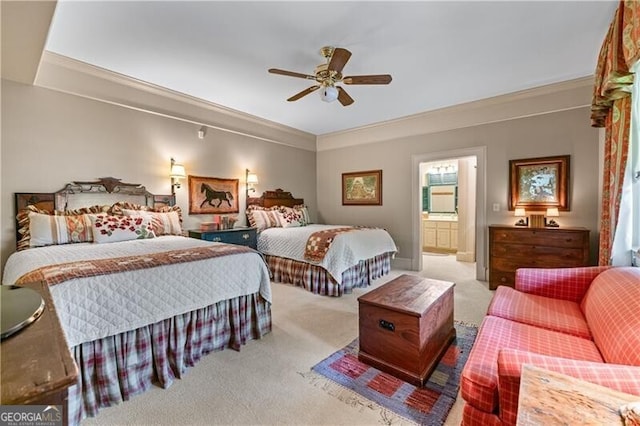 5945 W Andechs Smt, Johns Creek, GA 30097 - carpeted bedroom with crown molding, ensuite bath, ceiling fan, and baseboards