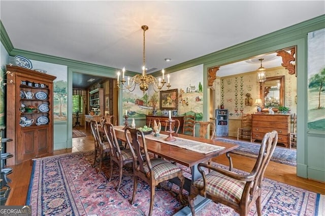 5945 W Andechs Smt, Johns Creek, GA 30097 - dining area featuring crown molding, a chandelier, wood finished floors, and wallpapered walls
