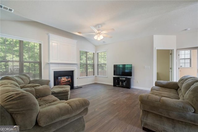 4321 Sugar Maple Chase NW, Acworth, GA 30101 - living room featuring dark wood finished floors, baseboards, plenty of natural light, a ceiling fan, and vaulted ceiling