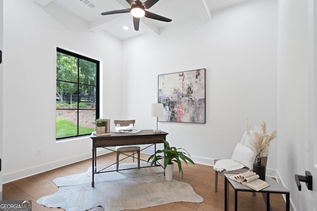 2595 Grassview Dr, Milton, GA 30004 - home office featuring beamed ceiling, a ceiling fan, wood finished floors, baseboards, and recessed lighting