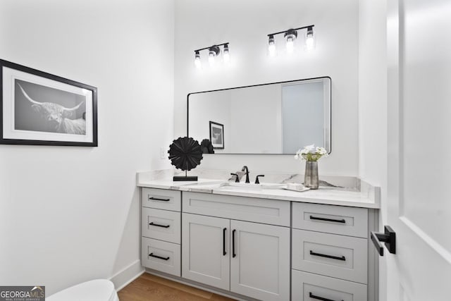 2595 Grassview Dr, Milton, GA 30004 - bathroom with vanity, toilet, wood finished floors, and baseboards