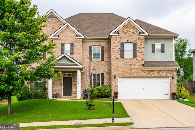 4752 Albany Way S, Fulton, GA 30331 - view of front of house with driveway, a shingled roof, a front lawn, a garage, and brick siding