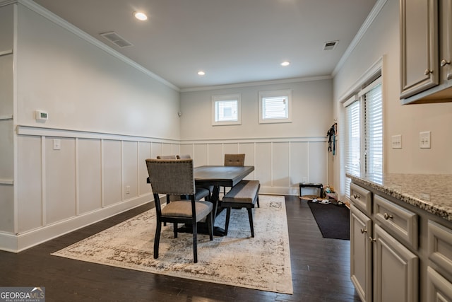 4752 Albany Way S, Fulton, GA 30331 - dining space with a decorative wall, dark wood-type flooring, crown molding, wainscoting, and recessed lighting