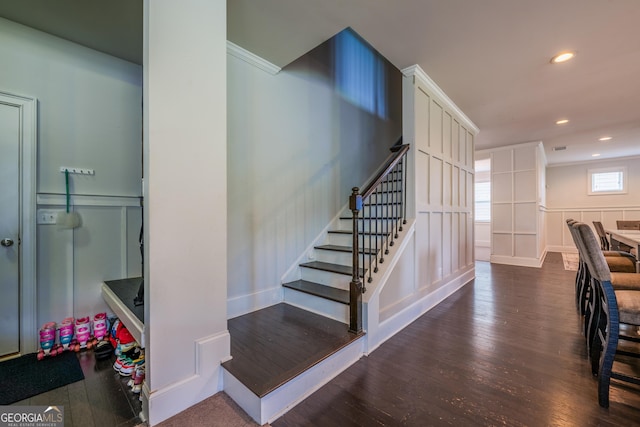 4752 Albany Way S, Fulton, GA 30331 - stairs featuring a decorative wall, wood finished floors, recessed lighting, and a wainscoted wall