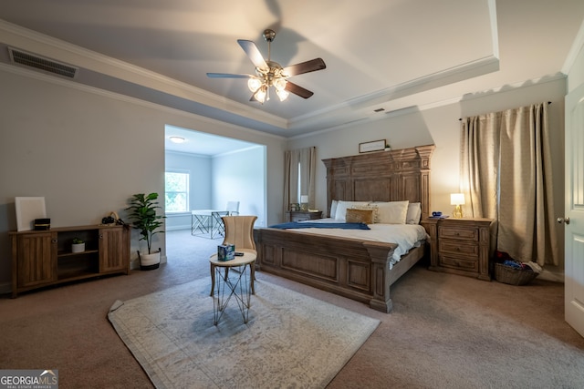 4752 Albany Way S, Fulton, GA 30331 - bedroom featuring light colored carpet, ornamental molding, a tray ceiling, and a ceiling fan