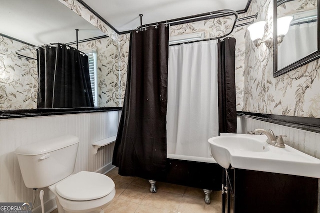 120 Newton St, Pooler, GA 31322 - bathroom featuring wainscoting, wallpapered walls, shower / tub combo, tile patterned floors, and vanity