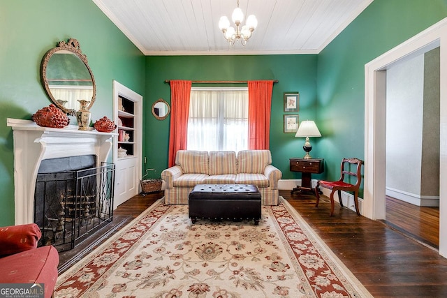 120 Newton St, Pooler, GA 31322 - living area with wood finished floors, a chandelier, ornamental molding, a fireplace, and baseboards