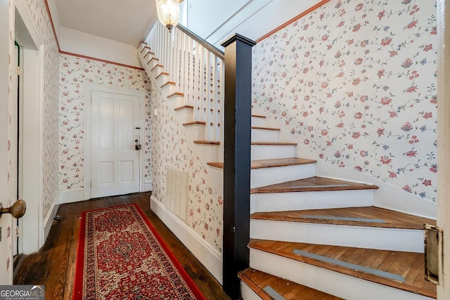 120 Newton St, Pooler, GA 31322 - staircase featuring wallpapered walls, wood finished floors, and baseboards
