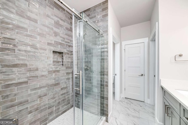 8370 Pleasant Grove Cir, Gainesville, GA 30506 - full bath featuring a stall shower, vanity, and marble look tile flooring