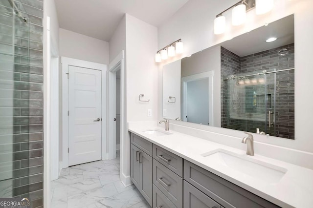 8370 Pleasant Grove Cir, Gainesville, GA 30506 - full bathroom with double vanity, marble look tiles, and a stall shower