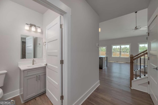 8370 Pleasant Grove Cir, Gainesville, GA 30506 - bathroom with ceiling fan, wood finished floors, and vanity