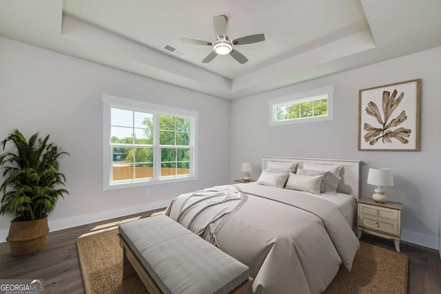 8370 Pleasant Grove Cir, Gainesville, GA 30506 - bedroom with a raised ceiling, dark wood-style floors, and a ceiling fan