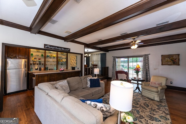 1701 City Blvd, Waycross, GA 31501 - living area with dark wood-type flooring, beam ceiling, a chandelier, ceiling fan, and baseboards