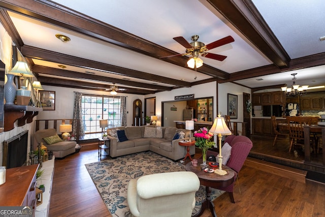 1701 City Blvd, Waycross, GA 31501 - living room featuring wood finished floors, ceiling fan, a chandelier, a fireplace, and beam ceiling