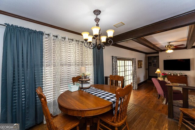 1701 City Blvd, Waycross, GA 31501 - dining space with a chandelier, hardwood / wood-style floors, crown molding, a ceiling fan, and beam ceiling