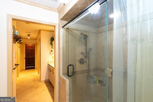 1701 City Blvd, Waycross, GA 31501 - full bathroom featuring ornamental molding, vanity, and a shower stall