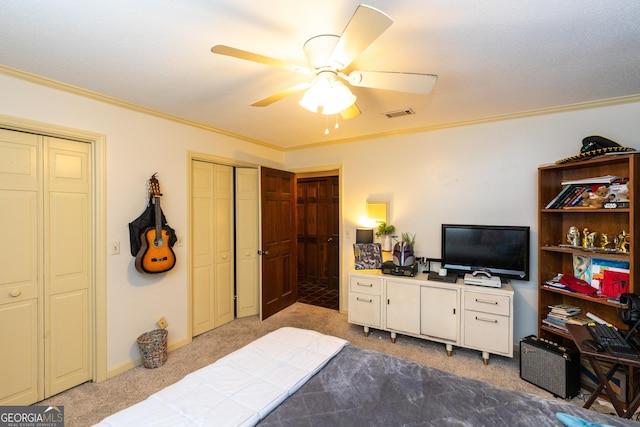1701 City Blvd, Waycross, GA 31501 - bedroom featuring carpet flooring, ornamental molding, multiple closets, and ceiling fan
