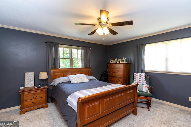1701 City Blvd, Waycross, GA 31501 - bedroom with light carpet, ceiling fan, baseboards, and crown molding