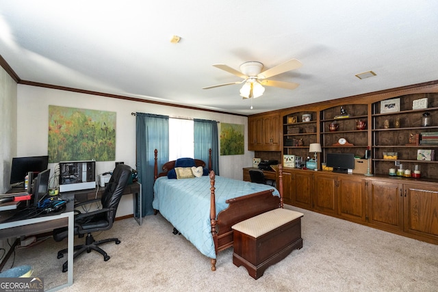 1701 City Blvd, Waycross, GA 31501 - bedroom with an office area, light colored carpet, ornamental molding, and a ceiling fan