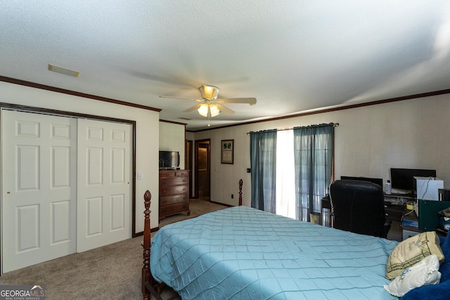 1701 City Blvd, Waycross, GA 31501 - bedroom featuring carpet flooring, crown molding, a closet, and ceiling fan