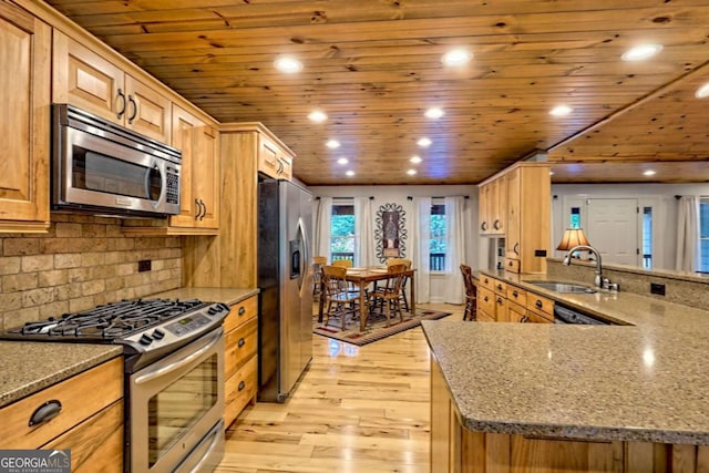 2877 Cynth Creek Rd, Hiawassee, GA 30546 - kitchen featuring stainless steel appliances, a sink, wood ceiling, light wood-style flooring, and light stone counters