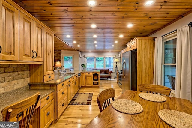 2877 Cynth Creek Rd, Hiawassee, GA 30546 - kitchen with appliances with stainless steel finishes, a sink, wood ceiling, a peninsula, and light wood finished floors