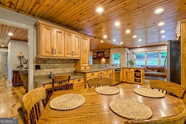 2877 Cynth Creek Rd, Hiawassee, GA 30546 - dining room with wooden ceiling, light wood-type flooring, and recessed lighting