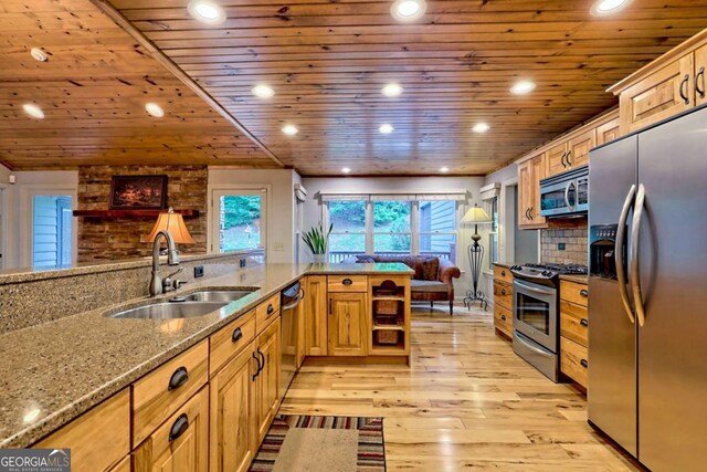 2877 Cynth Creek Rd, Hiawassee, GA 30546 - kitchen featuring appliances with stainless steel finishes, wooden ceiling, a sink, healthy amount of natural light, and stone countertops