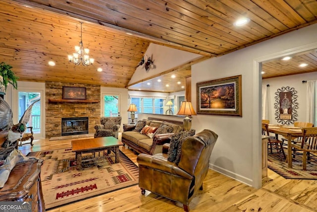 2877 Cynth Creek Rd, Hiawassee, GA 30546 - living area featuring wooden ceiling, plenty of natural light, a chandelier, wood finished floors, and recessed lighting