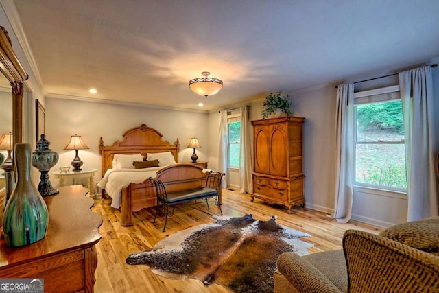 2877 Cynth Creek Rd, Hiawassee, GA 30546 - bedroom featuring multiple windows, crown molding, light wood-style flooring, baseboards, and recessed lighting
