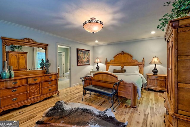 2877 Cynth Creek Rd, Hiawassee, GA 30546 - bedroom with ornamental molding, light wood finished floors, connected bathroom, baseboards, and recessed lighting