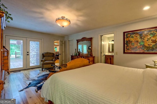 2877 Cynth Creek Rd, Hiawassee, GA 30546 - bedroom with french doors, access to outside, wood-type flooring, multiple windows, and ornamental molding