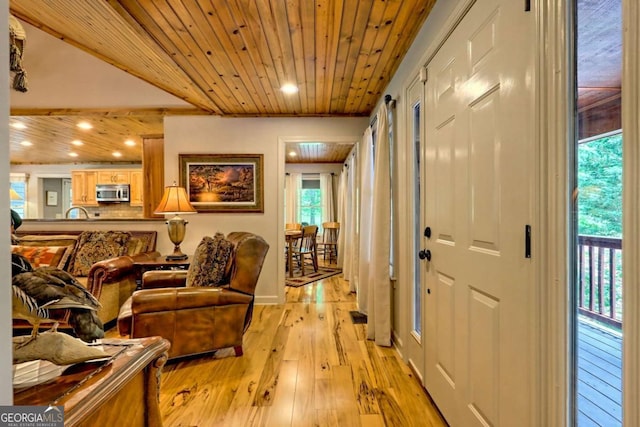 2877 Cynth Creek Rd, Hiawassee, GA 30546 - foyer entrance with wood ceiling, light wood-style flooring, and recessed lighting
